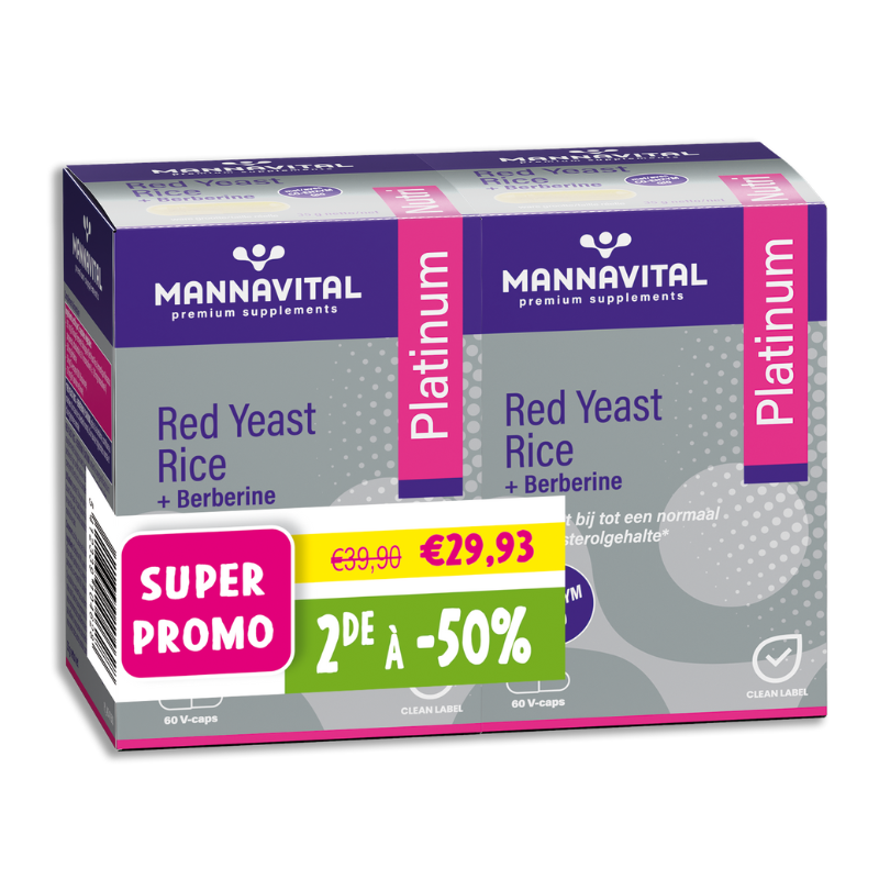 DUOPACK Mannavital Red Yeast Rice (Rode rijst) + Berberine Platinum + Q10 - 2x60 V-caps - 2e aan -50%