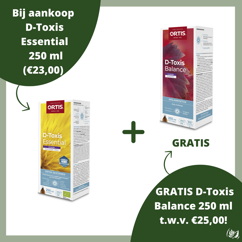 DUOPACK Ortis D-toxis Essential Framboos en Hibiscus - 250 ml  GRATIS Ortis D-toxis Balance kersen 250ml